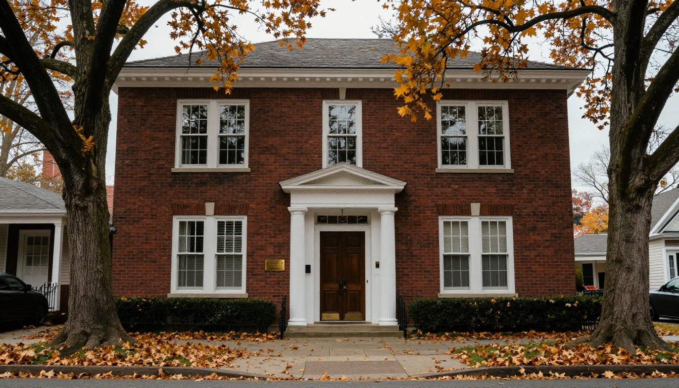Classic funeral home exterior with autumn trees and brick facade