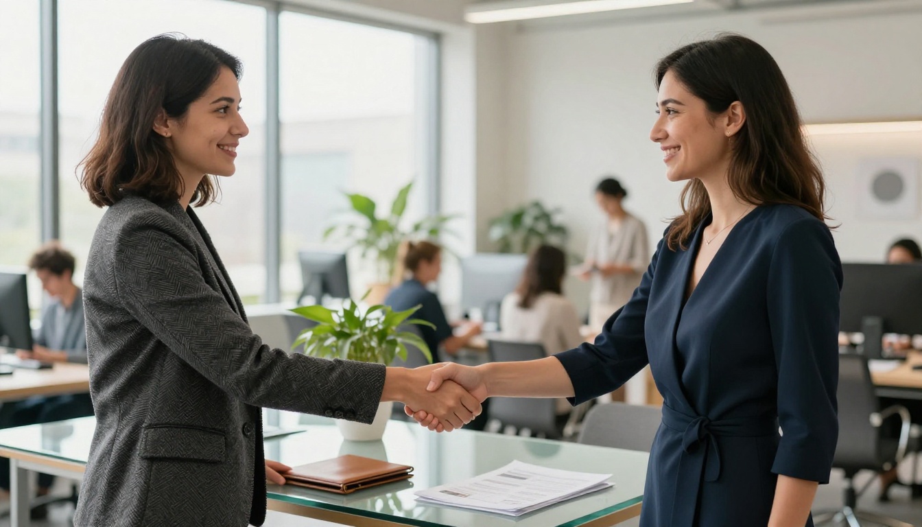 Two professional women shaking hands at business meeting