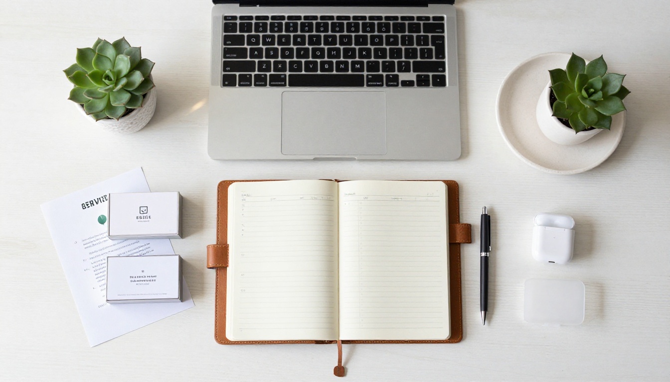 Flat-lay overhead view of organized desk with VA materials