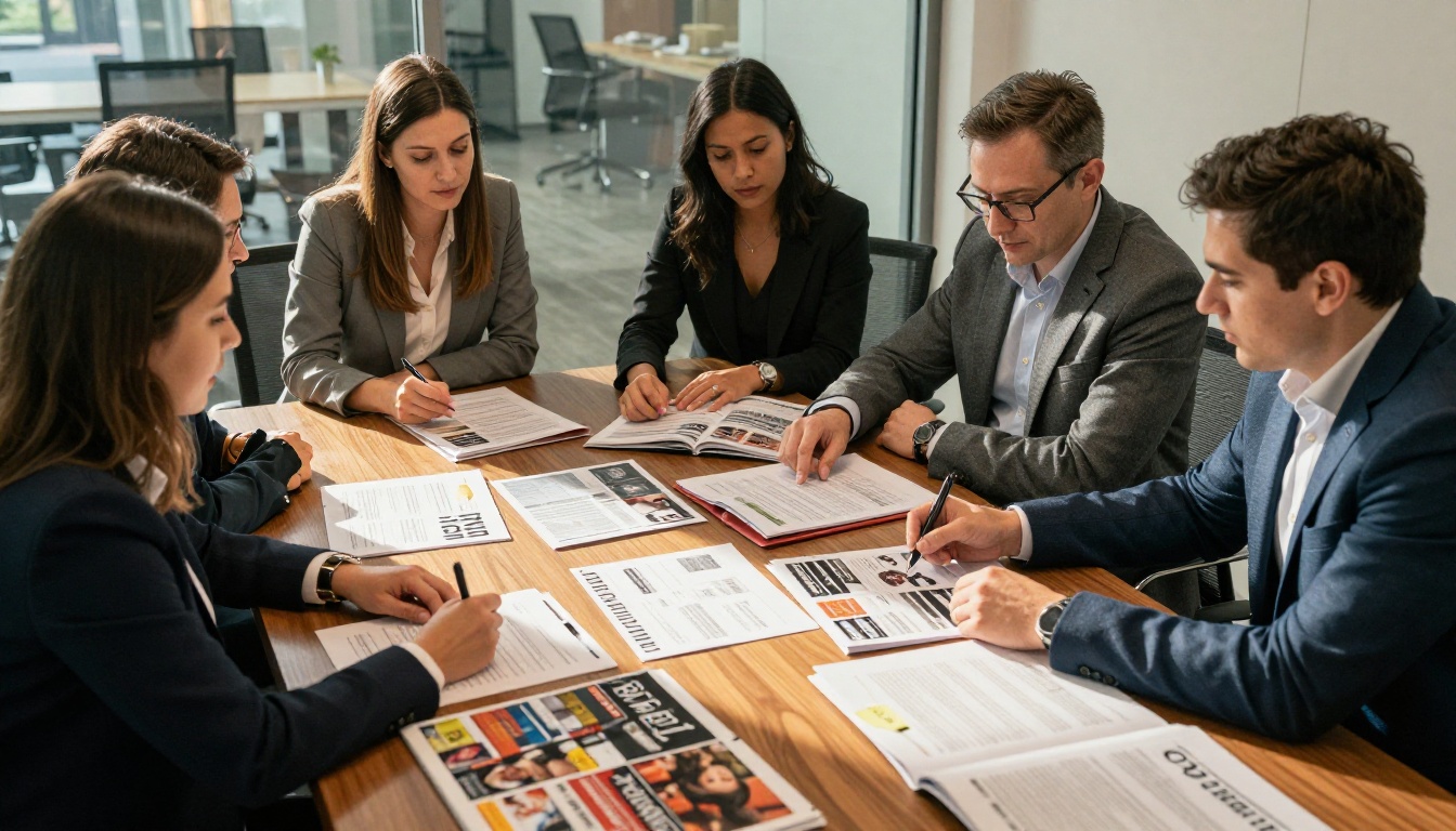 PR agency team reviewing media materials around a conference table