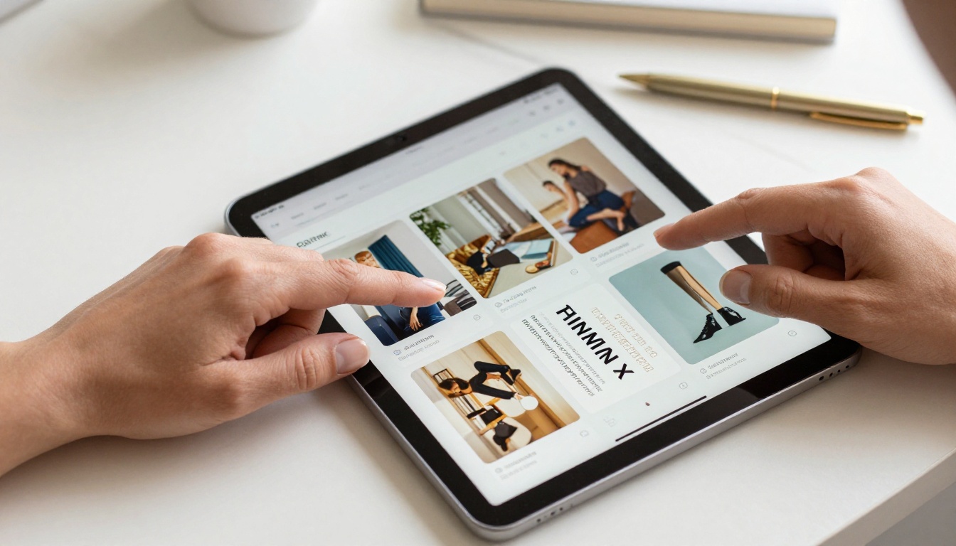 Close-up of hands scrolling through a digital press kit on a tablet