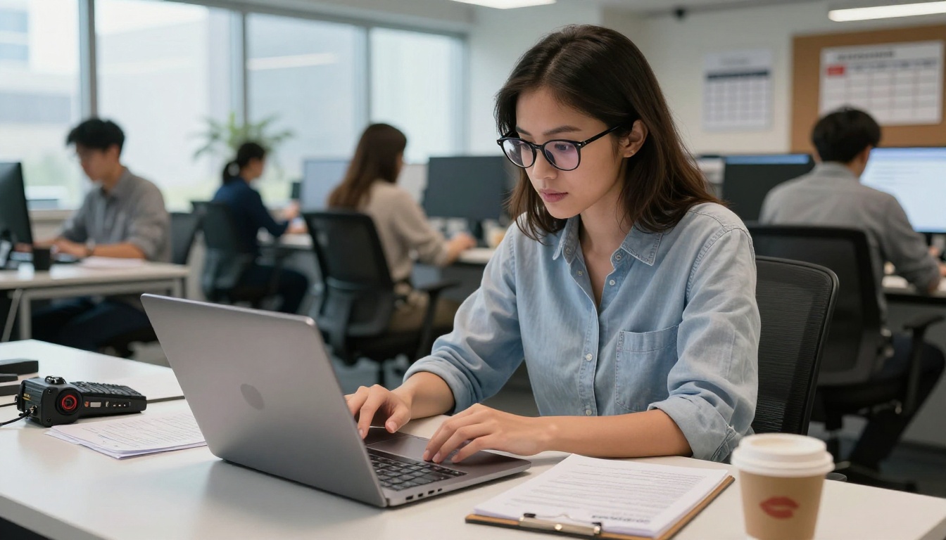 Journalist at editorial desk reading an interactive press kit on laptop