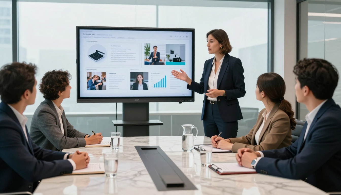 PR agency director presenting campaign results to clients in a boardroom