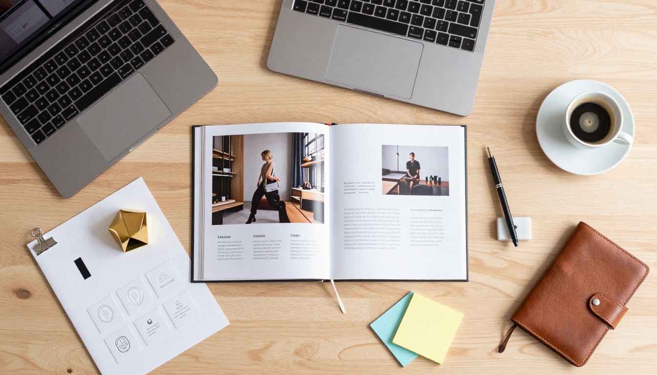 Aerial flatlay of PR agency creative desk with brand materials spread out