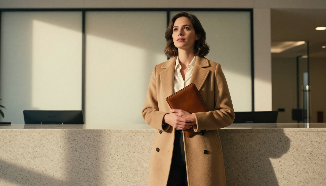 Businesswoman holding leather portfolio confidently in a modern agency lobby Businesswoman holding leather portfolio confidently in a modern agency lobby