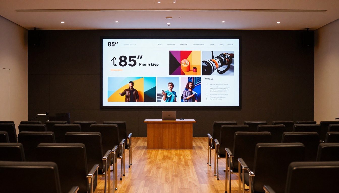 Modern agency presentation room with large screen showing a digital flipbook pitch Modern agency presentation room with large screen showing a digital flipbook pitch