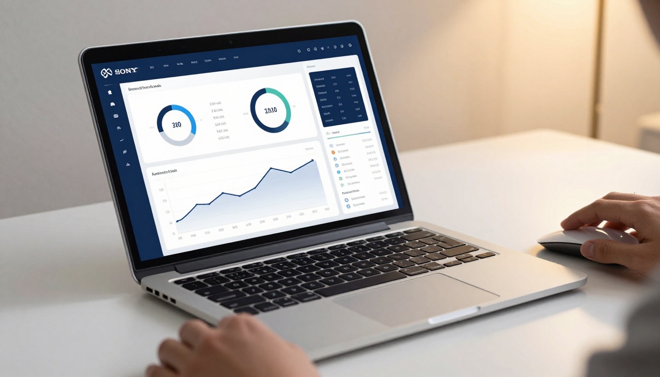 Analytics dashboard visible on laptop screen at a clean agency desk Analytics dashboard visible on laptop screen at a clean agency desk