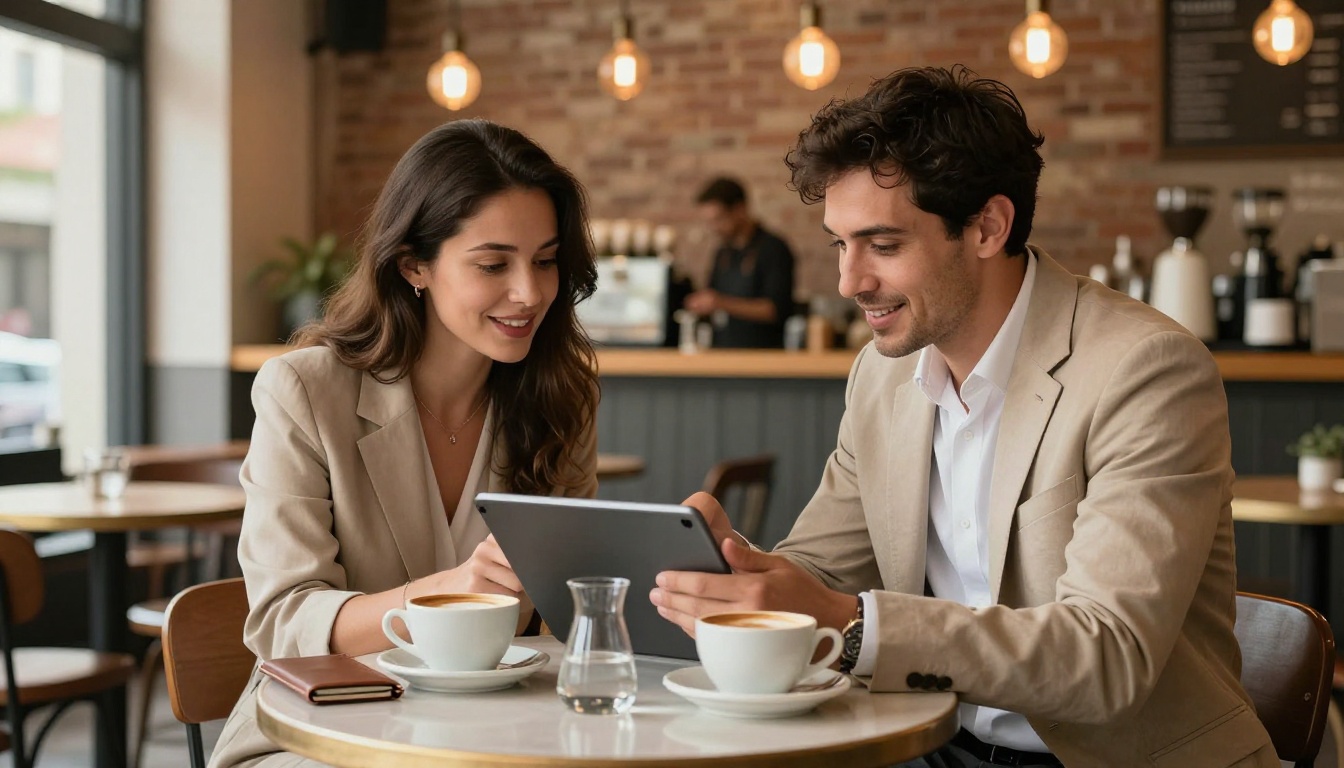 Two PR professionals reviewing a digital flipbook together over coffee at a cafe Two PR professionals reviewing a digital flipbook together over coffee at a cafe