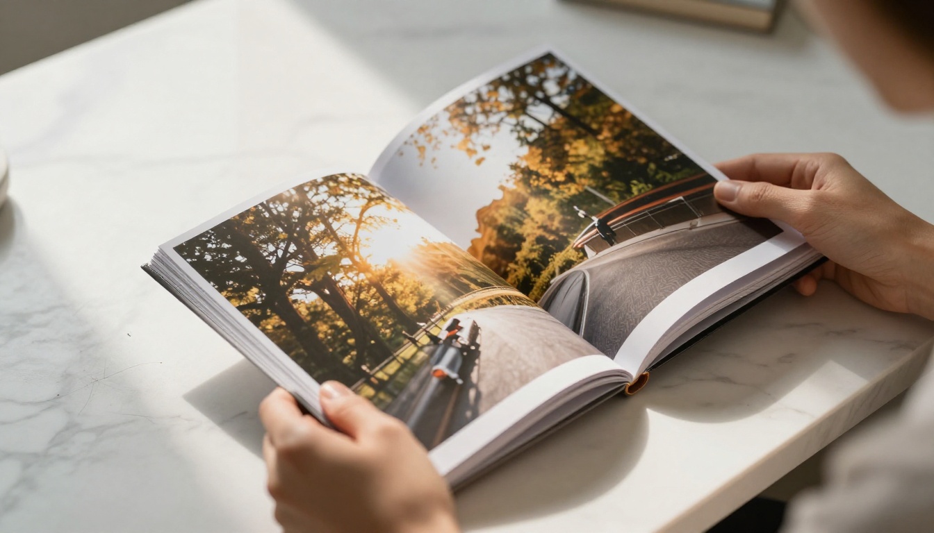 Hands holding an open portfolio booklet with pages mid-flip on a marble desk