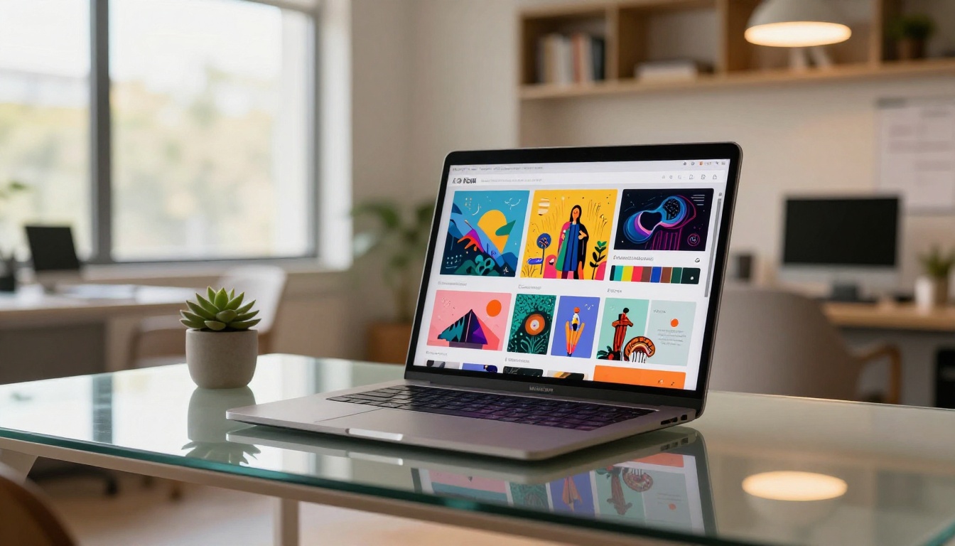MacBook displaying a colorful interactive digital portfolio in a modern agency office