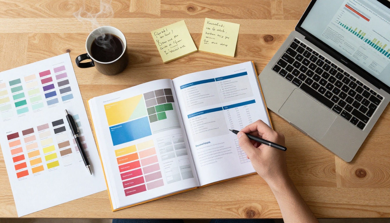 Overhead flat-lay of a creative agency desk with portfolio spreads, Pantone chips, and coffee