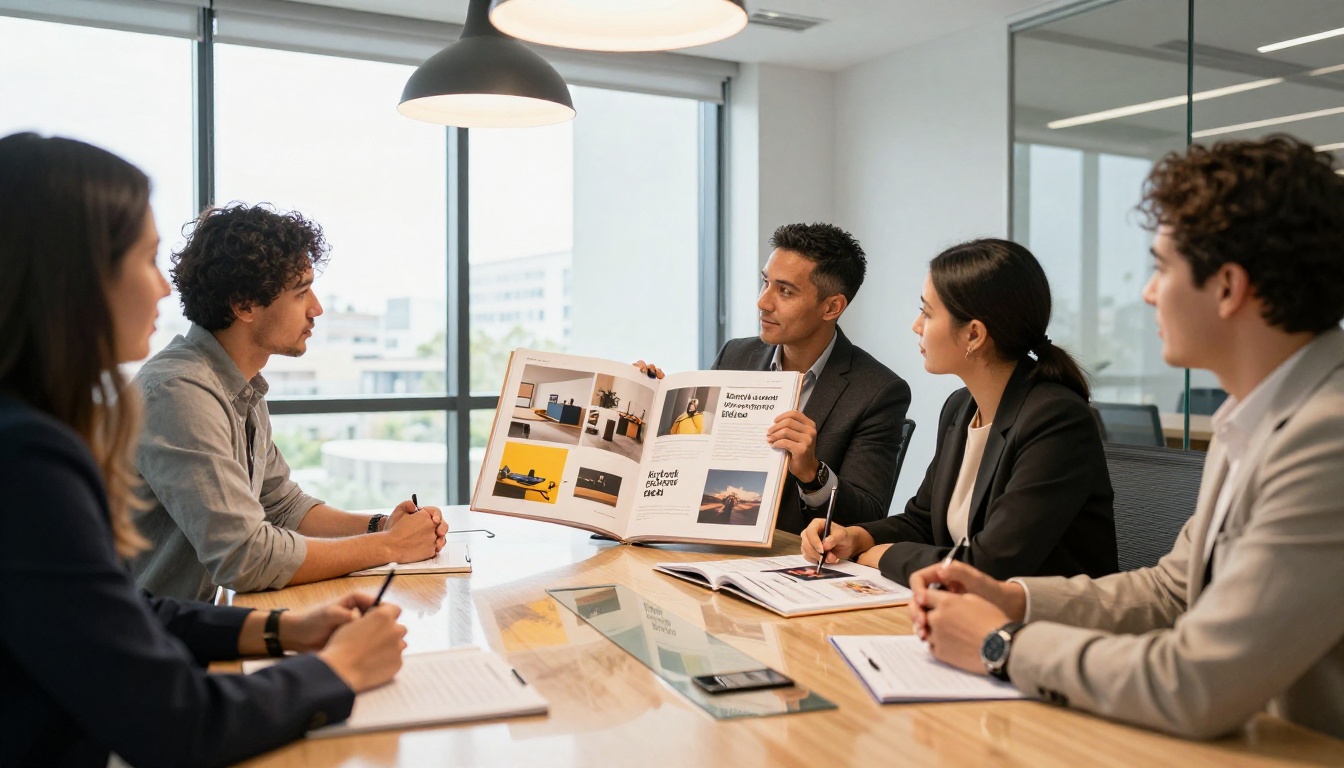 A diverse marketing team presenting an open flipbook portfolio in a modern boardroom