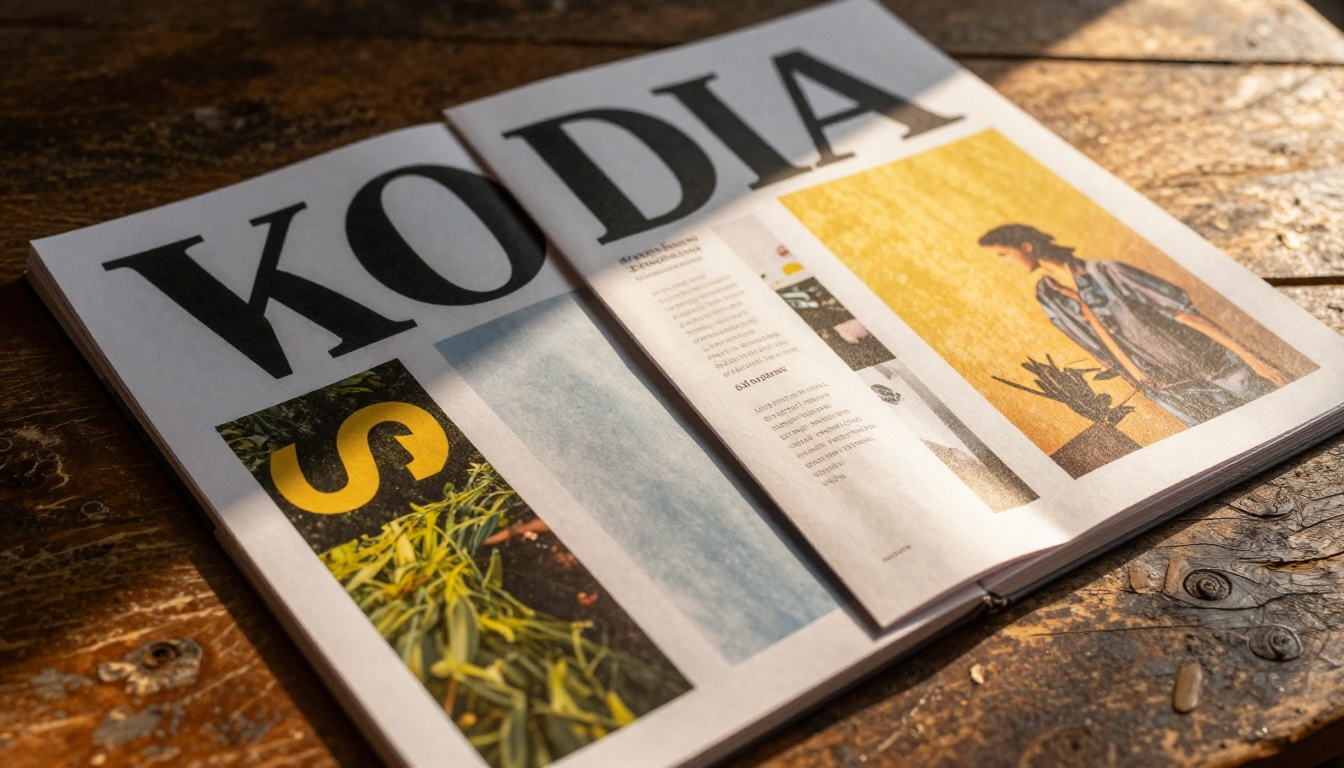 Close-up detail of high-quality printed portfolio pages fanned open with golden afternoon light