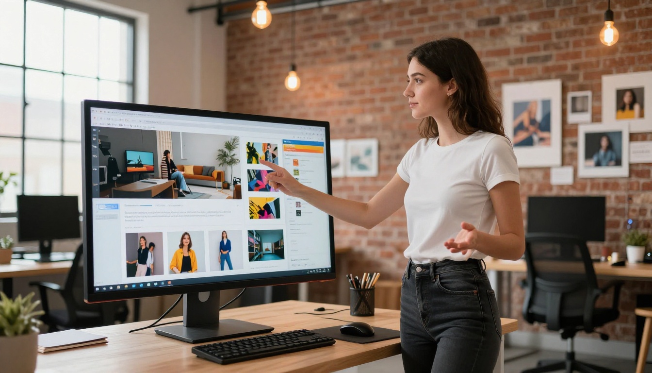 Young female creative professional presenting a digital portfolio on a large monitor in an agency studio Young female creative professional presenting a digital portfolio on a large monitor in an agency studio