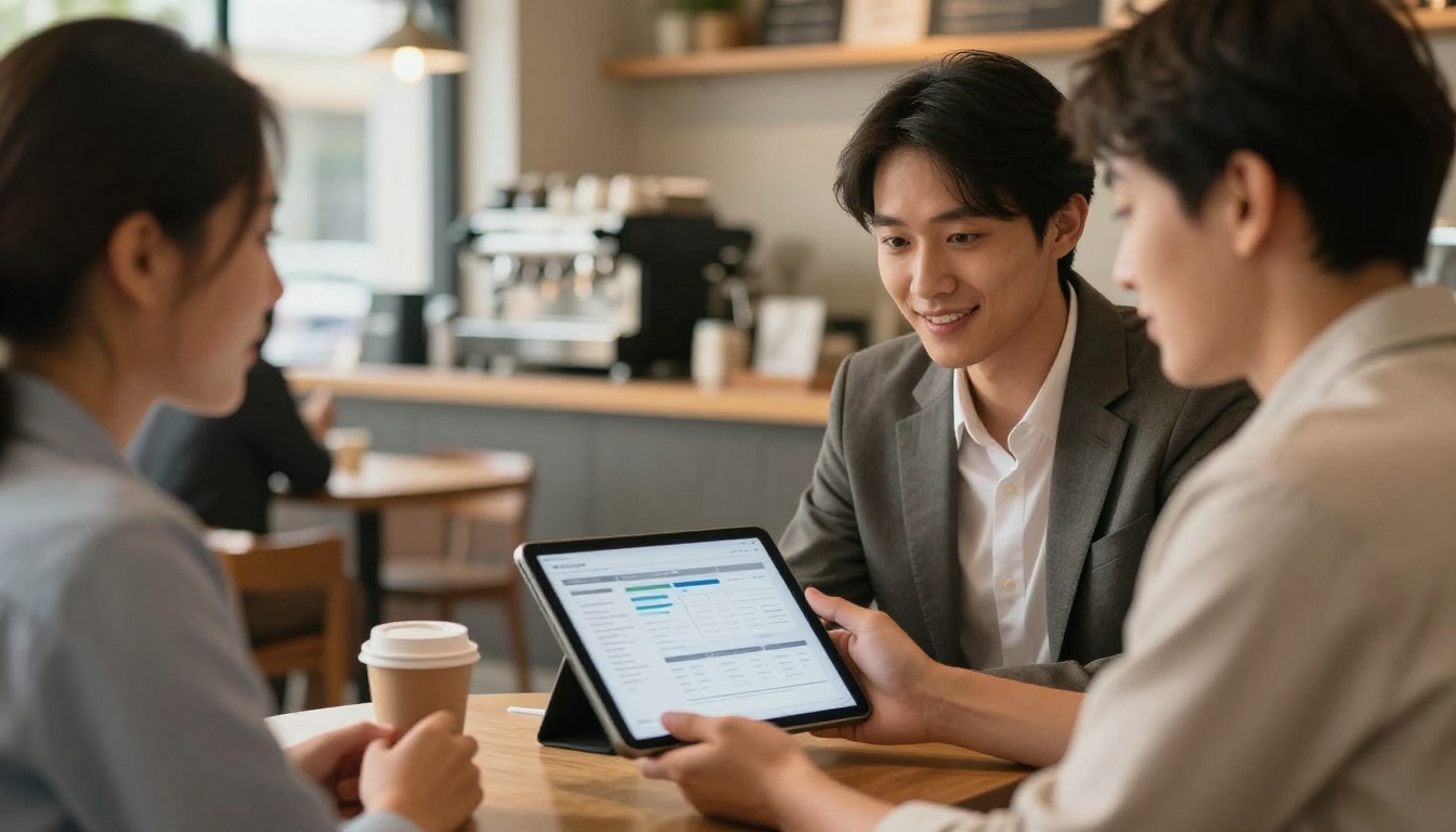 Two business professionals in a modern café reviewing an interactive portfolio on a tablet Two business professionals in a modern café reviewing an interactive portfolio on a tablet