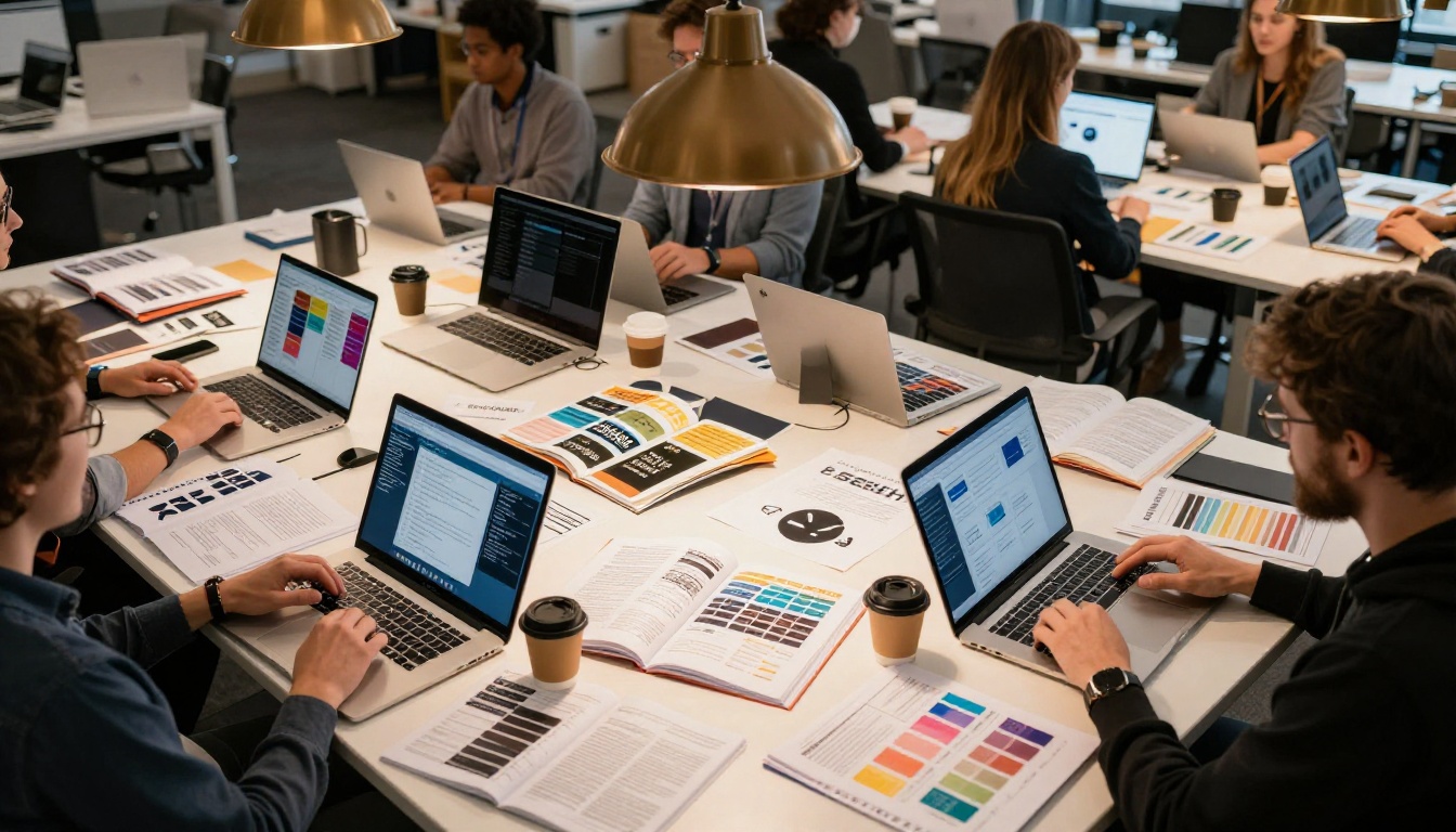 Aerial view of a marketing agency communal table covered in open portfolios, laptops, and brand materials Aerial view of a marketing agency communal table covered in open portfolios, laptops, and brand materials