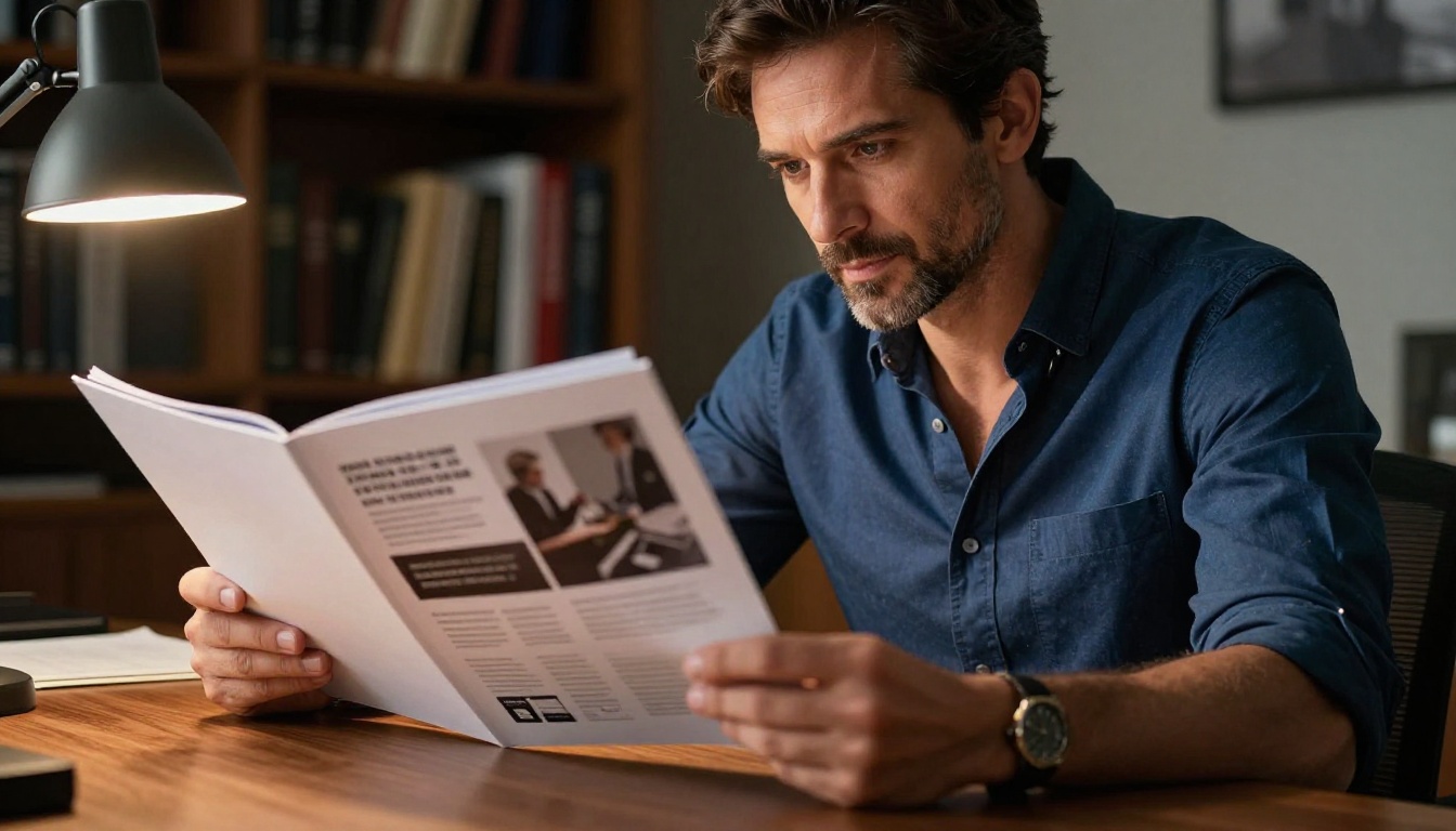 Confident male creative director reviewing a brand portfolio booklet at his walnut desk Confident male creative director reviewing a brand portfolio booklet at his walnut desk