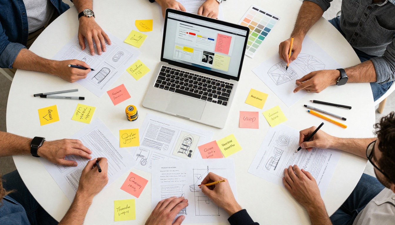 Overhead brainstorming session with storyboards, sticky notes, and campaign mockups spread across a large table Overhead brainstorming session with storyboards, sticky notes, and campaign mockups spread across a large table