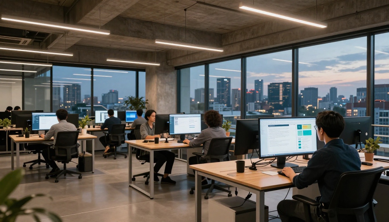 Wide-angle view of a modern advertising agency office with creative professionals working at standing desks with dual monitors Wide-angle view of a modern advertising agency office with creative professionals working at standing desks with dual monitors