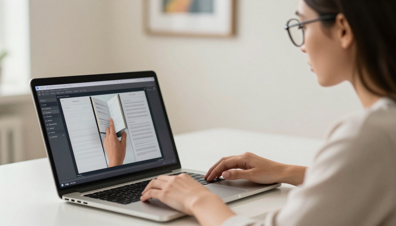 Professional woman reviewing an interactive digital flipbook on her laptop at a minimalist white desk with natural window light Professional woman reviewing an interactive digital flipbook on her laptop at a minimalist white desk with natural window light