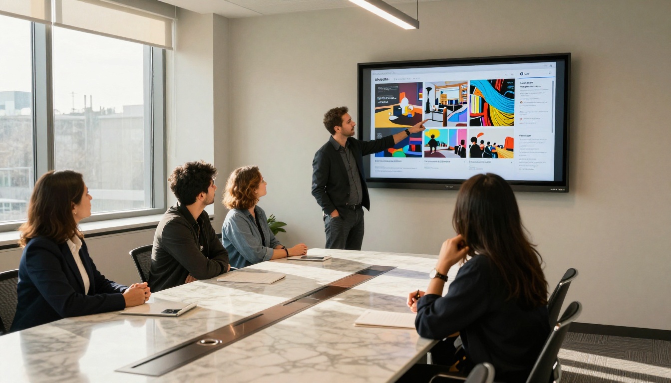 Creative director pointing to a pitch flipbook displayed on a large monitor during a client meeting in a glass conference room Creative director pointing to a pitch flipbook displayed on a large monitor during a client meeting in a glass conference room