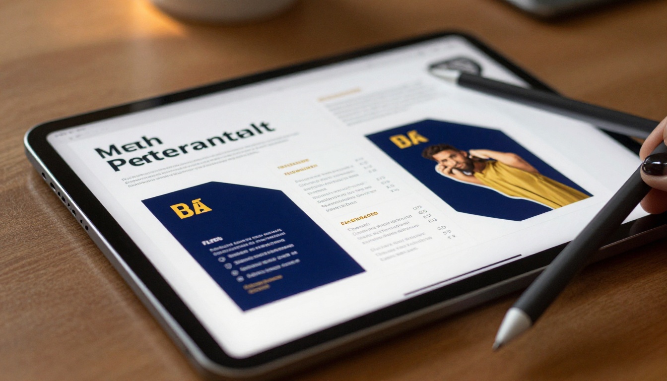Close-up of a tablet screen displaying a beautifully designed advertising pitch flipbook with campaign photography and navy and gold branding