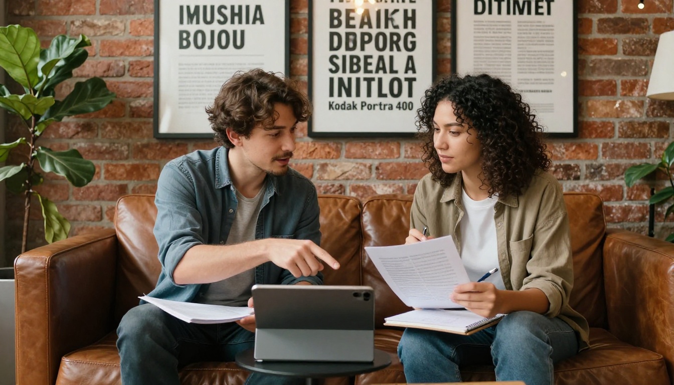 Two advertising professionals reviewing pitch materials on a shared iPad while sitting on a leather sofa in a bright creative lounge