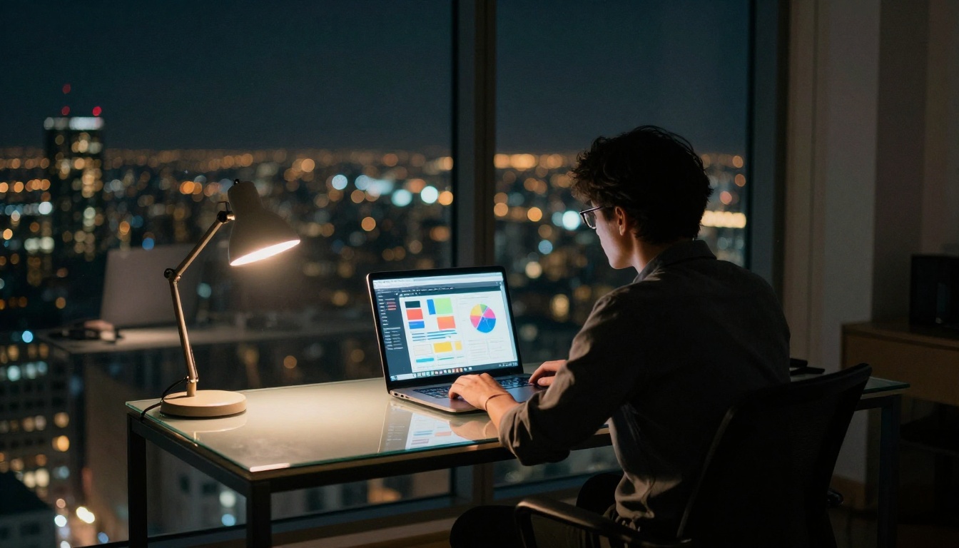 Advertising creative director working late at night by a panoramic city window with a colorful pitch flipbook open on a MacBook