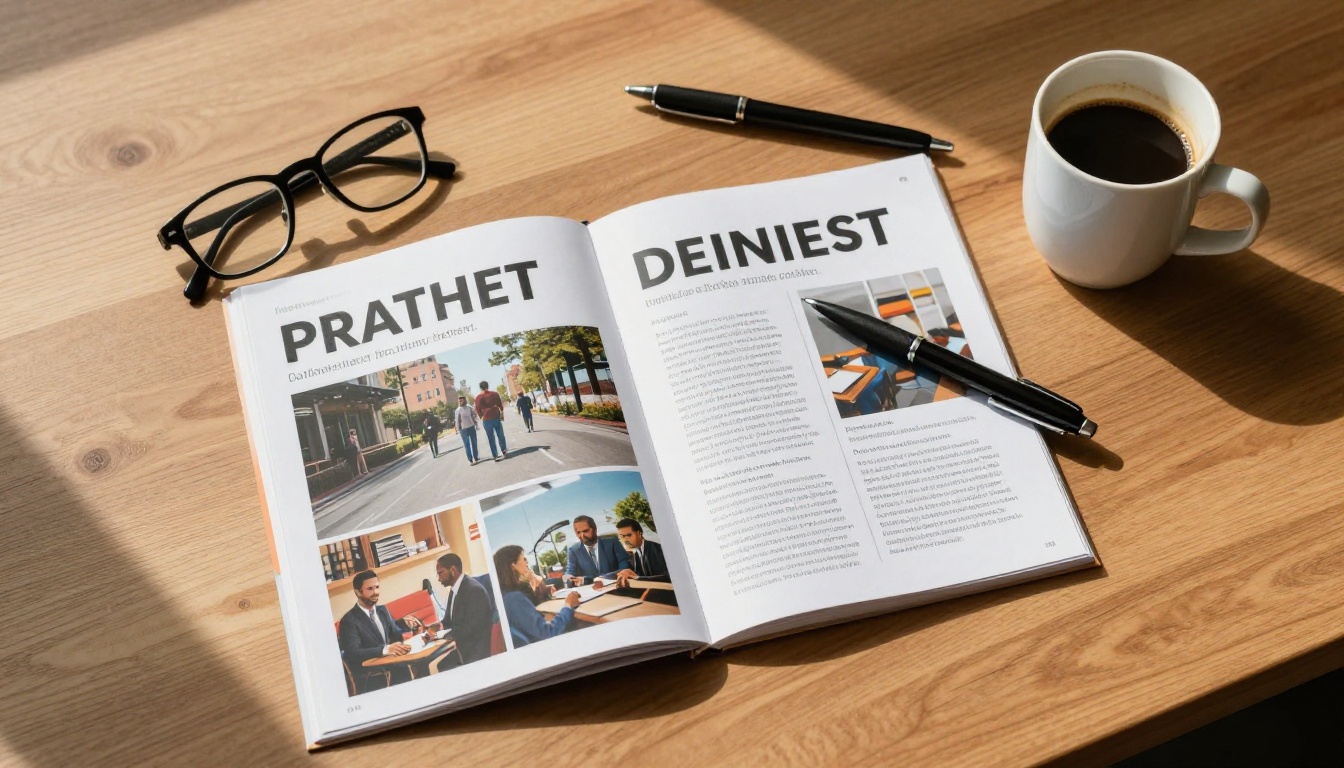 Overhead flat-lay of a printed advertising pitch document with reading glasses, a matte black pen, and coffee on a wooden conference table