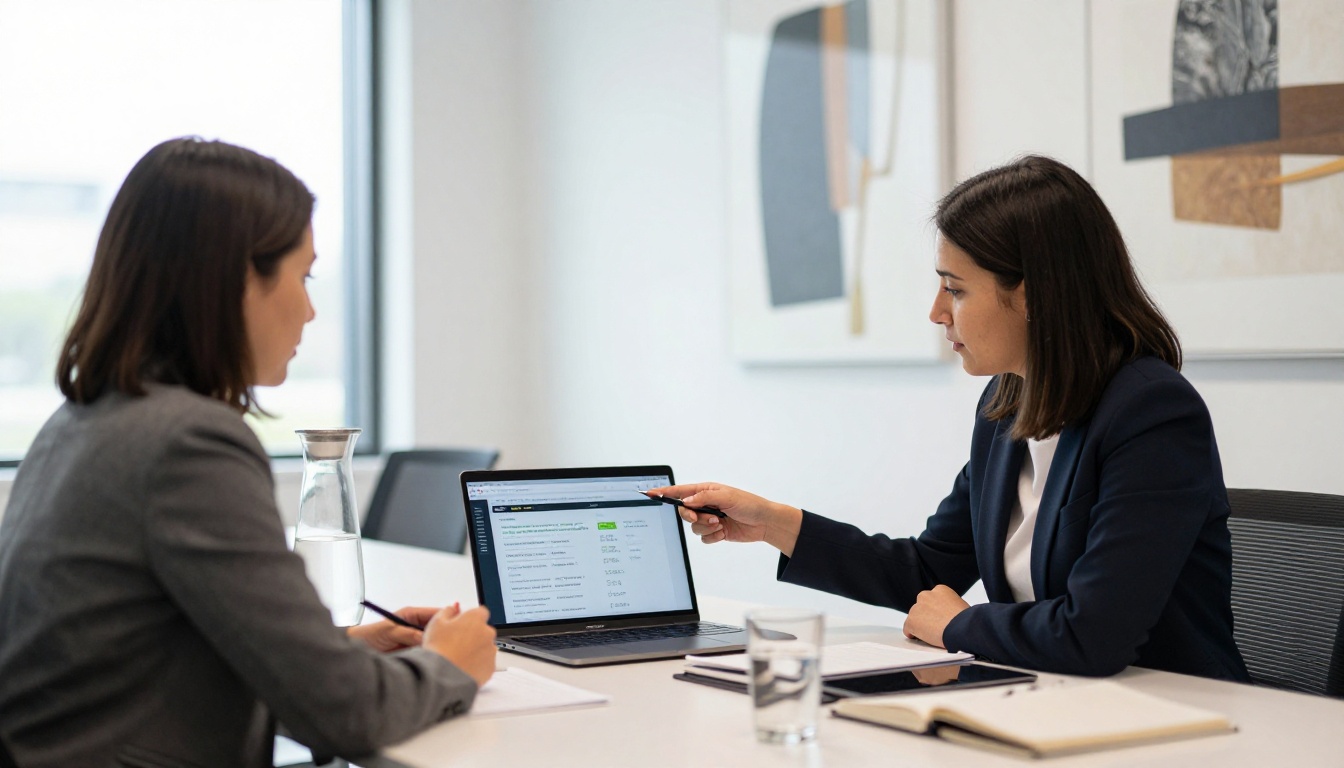 Professional translator presenting portfolio to a client in a meeting room
