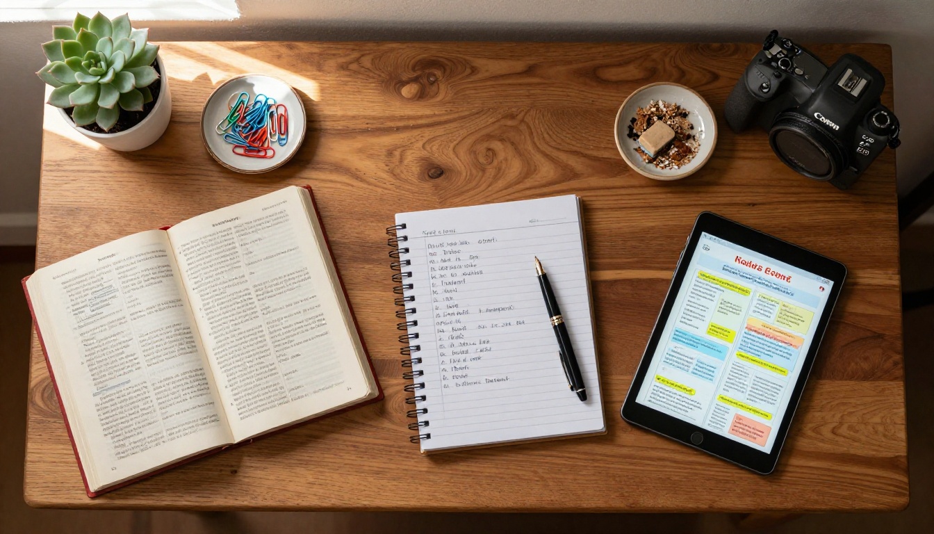 Aerial view of translator's desk with reference materials and tablet showing flipbook