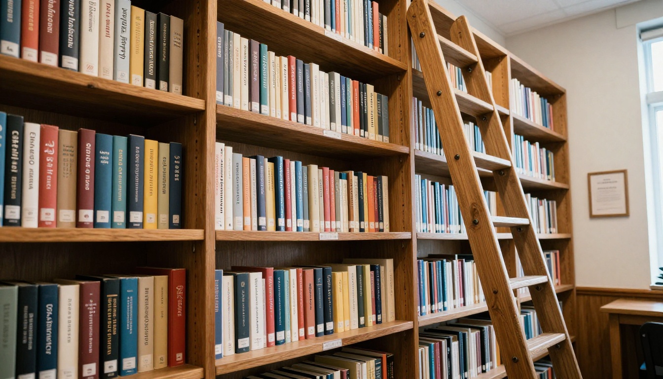 Low-angle view of multilingual bookshelf with international reference books