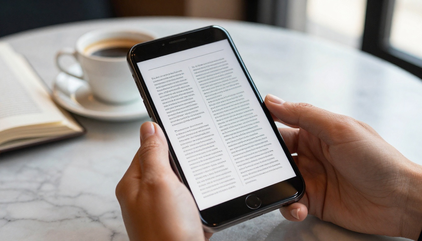 Woman's hands holding smartphone showing flipbook portfolio at a cafe