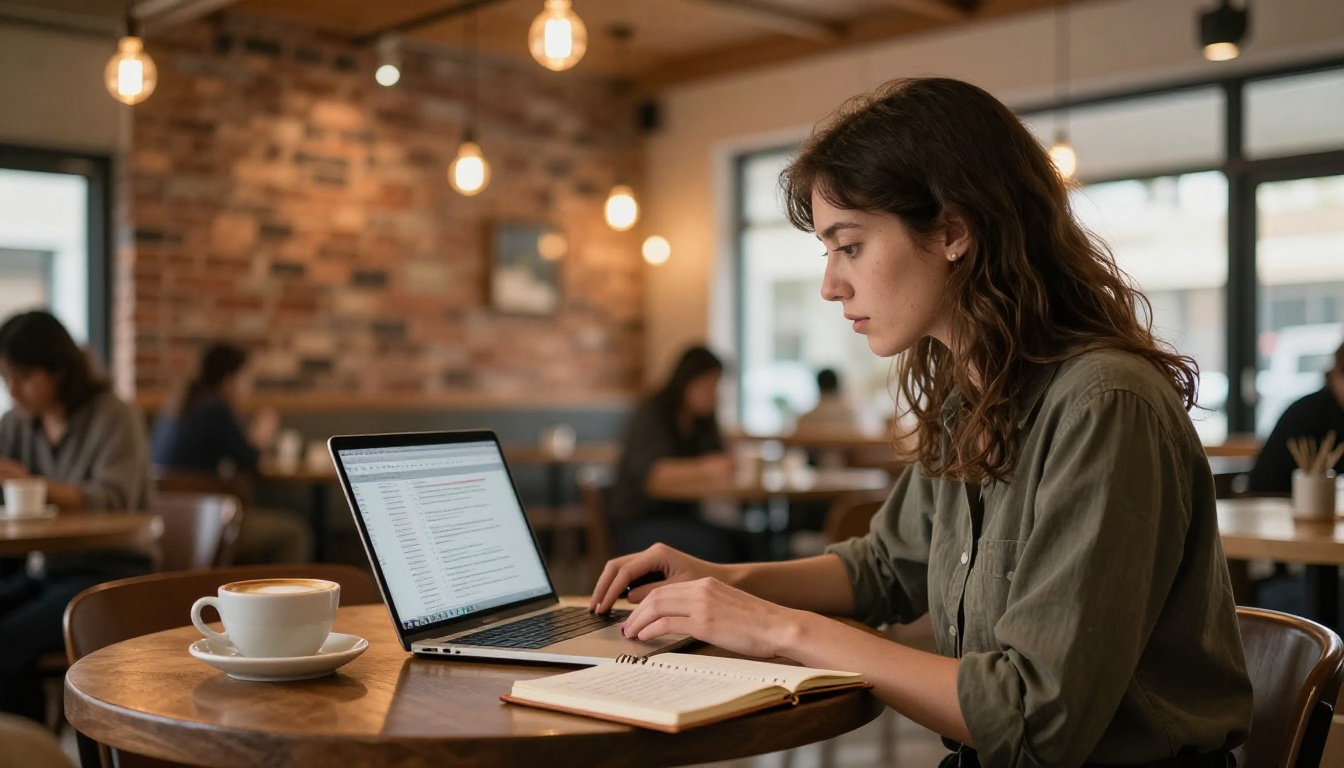Freelance translator working focused in a coffee shop with natural light