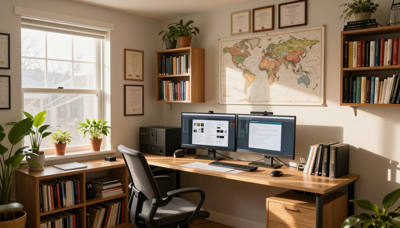 Wide shot of a professional home office dedicated to translation work