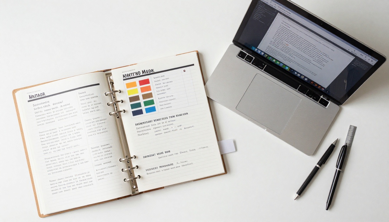 Freelance copywriter organizing portfolio samples at desk