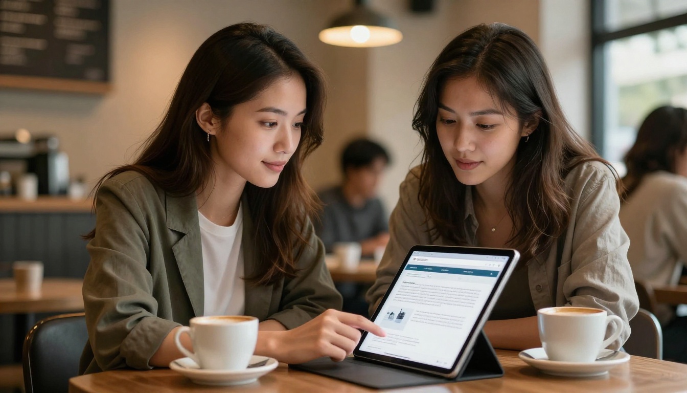 Copywriter presenting flipbook portfolio on tablet to a client at a coffee shop