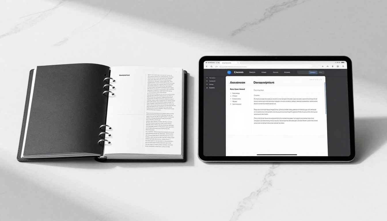 Print portfolio binder next to a tablet showing a digital document
