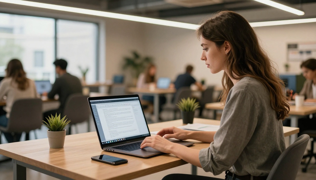 Woman organizing digital portfolio files at a co-working space desk