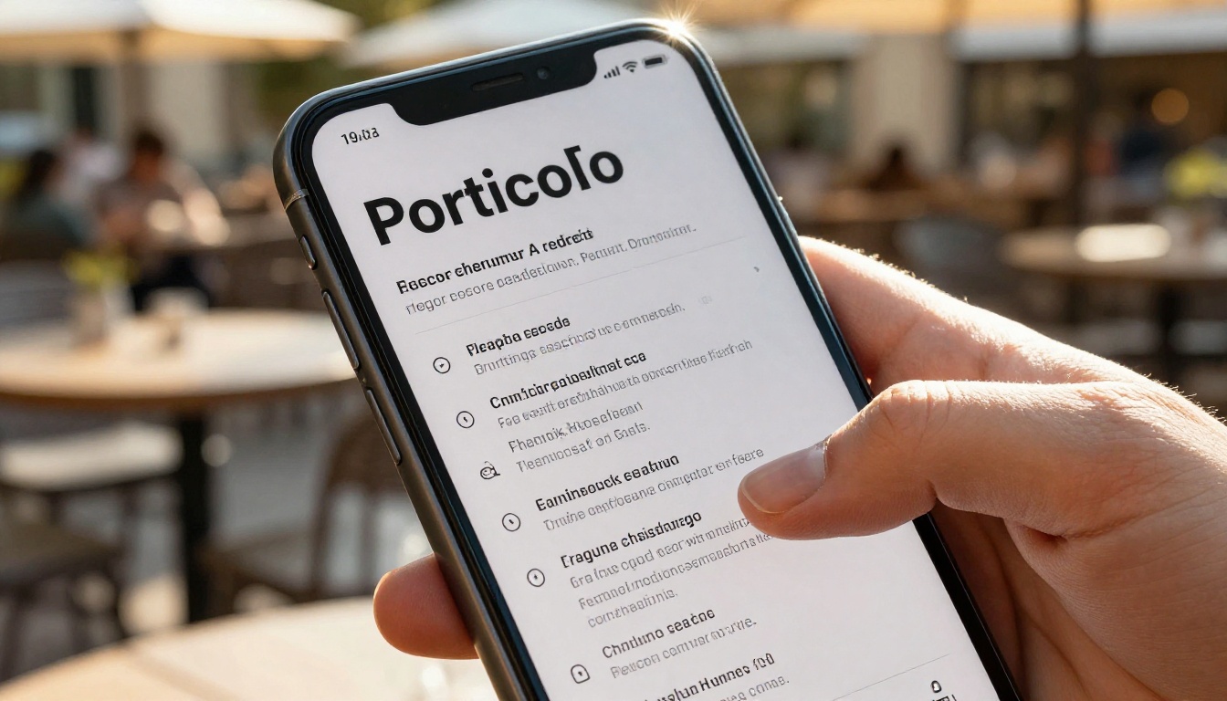 Smartphone screen showing a copywriting portfolio flipbook viewed outdoors