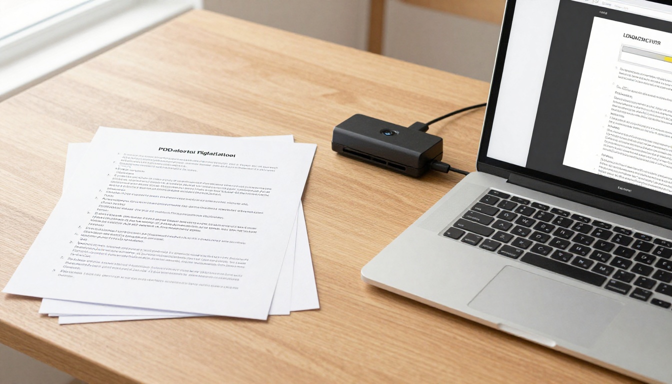 Desk showing PDF upload workflow with laptop screen and printed document
