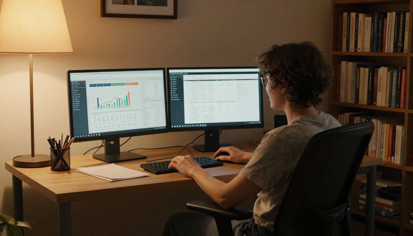 Freelance copywriter reviewing portfolio analytics on a dual monitor home office setup