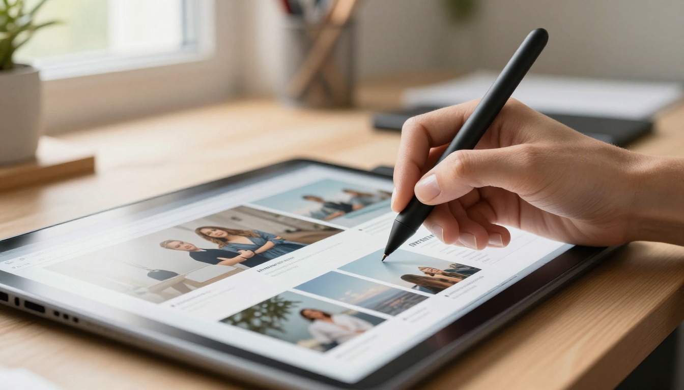 Designer's hands working on a web design portfolio on a drawing tablet Designer's hands working on a web design portfolio on a drawing tablet