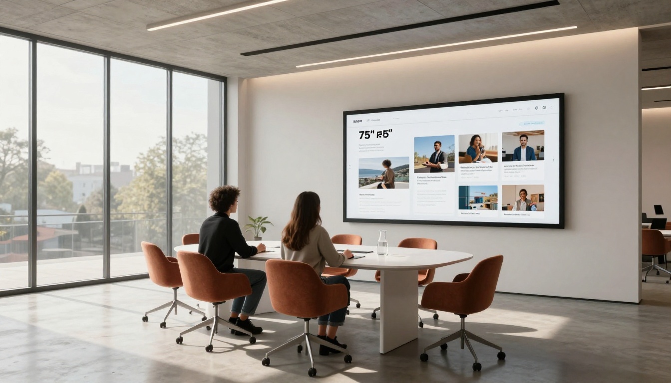 Modern design team reviewing a digital flipbook presentation in a conference room Modern design team reviewing a digital flipbook presentation in a conference room
