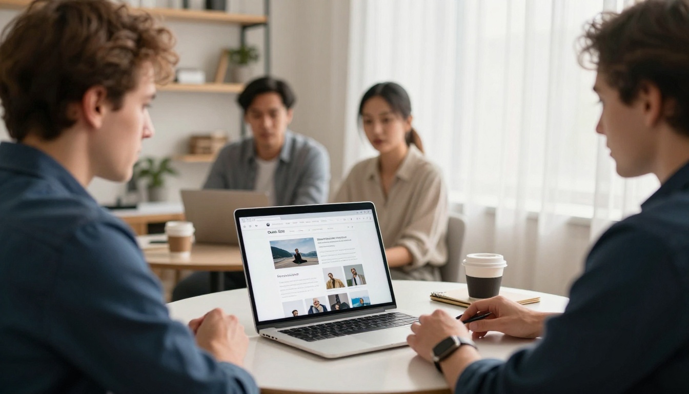 Professional web designer presenting a digital flipbook portfolio to clients at a meeting table Professional web designer presenting a digital flipbook portfolio to clients at a meeting table