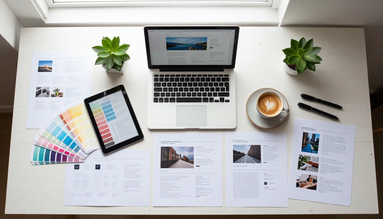 Aerial flat-lay overhead shot of a creative designer's desk with design materials, Pantone swatches, and digital devices