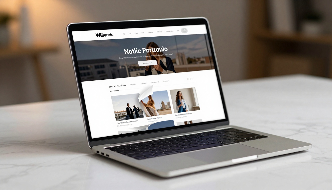 Close-up of a premium laptop screen displaying a page-turning digital flipbook animation with a web design portfolio