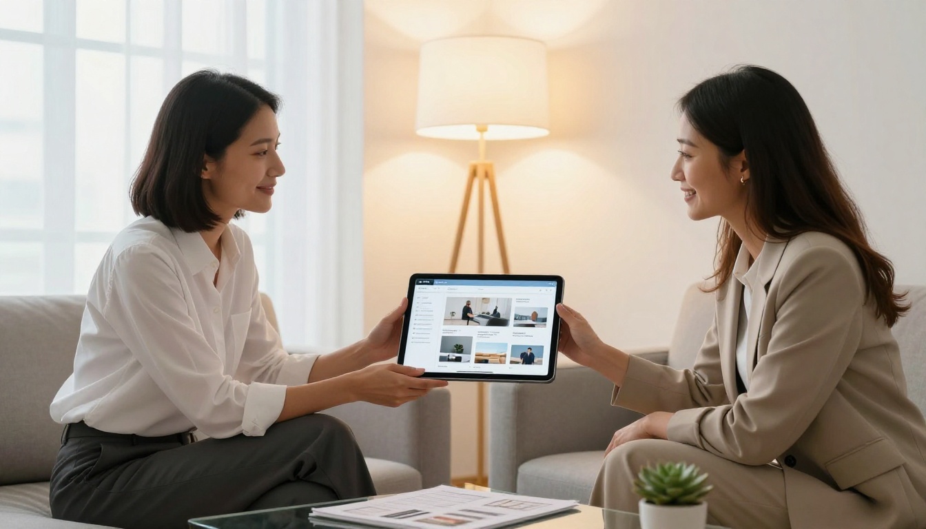 Professional client and designer reviewing an interactive portfolio flipbook together on an iPad