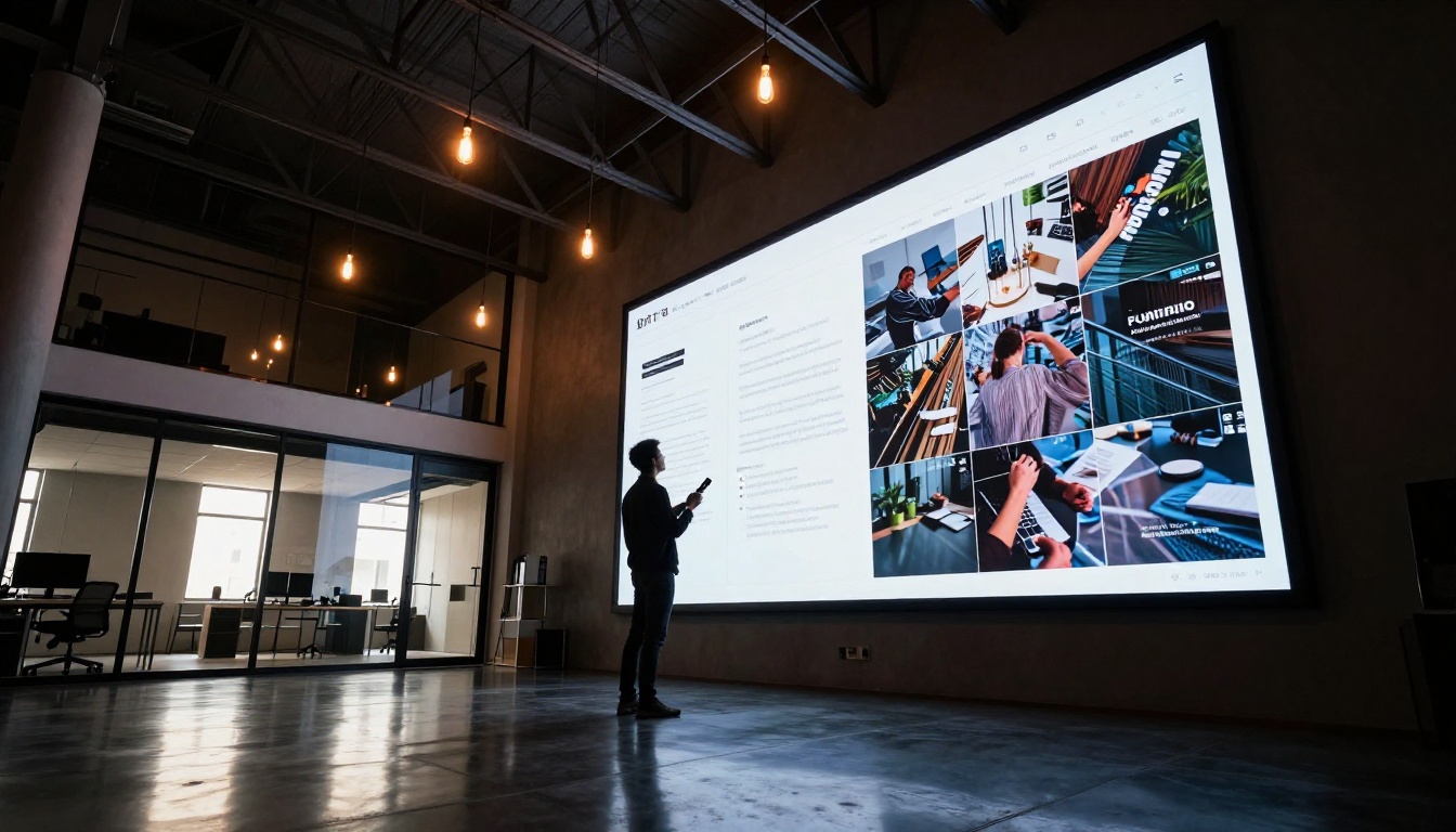 Dramatic low-angle view of a designer presenting an interactive portfolio in a double-height modern studio space