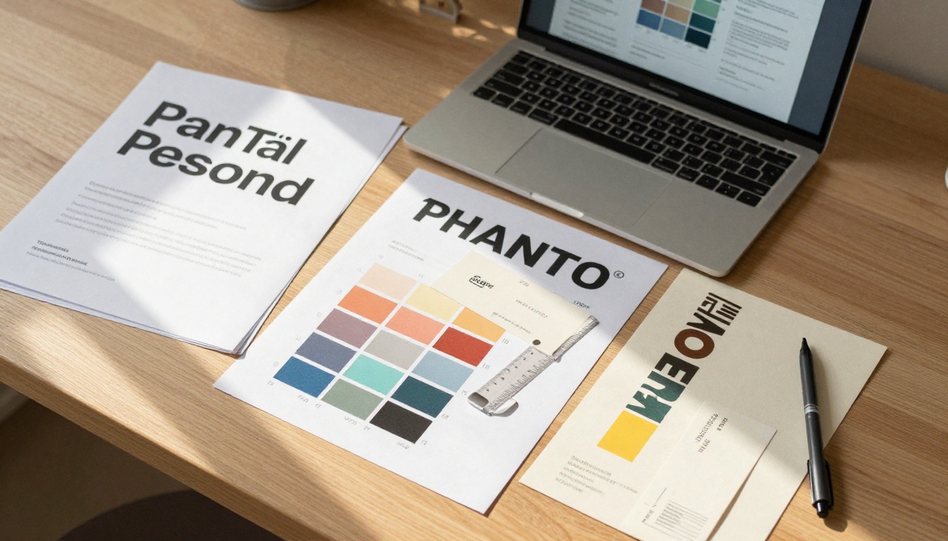 Flat lay of graphic design portfolio materials with laptop showing digital flipbook interface